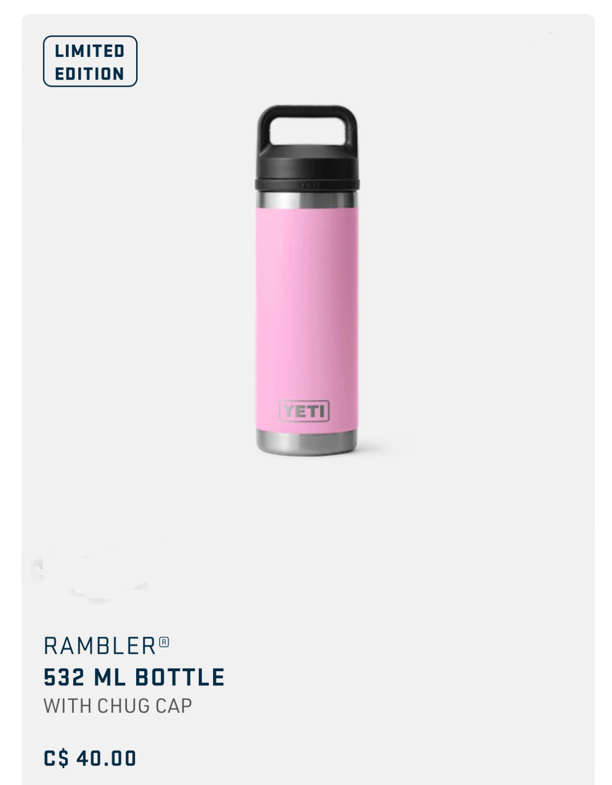 YETI Rambler Bottle - 18 oz. - Chug Cap - Sandstone Pink
